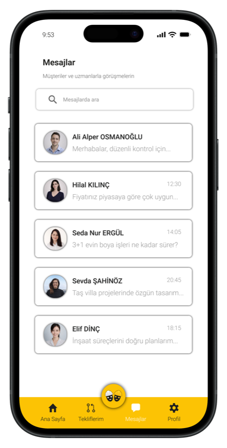 İnşaat Koçu mobil uygulama mesajlar ekranı