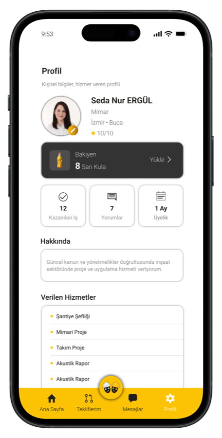İnşaat Koçu mobil uygulama profil ekranı